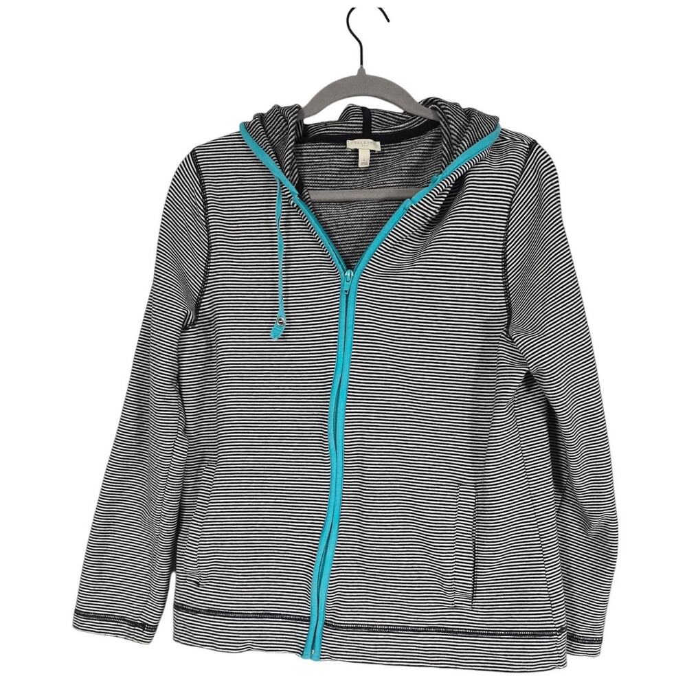 Talbots Striped Hoodie Womens Medium Black White Full Zip Casual Coastal Preppy